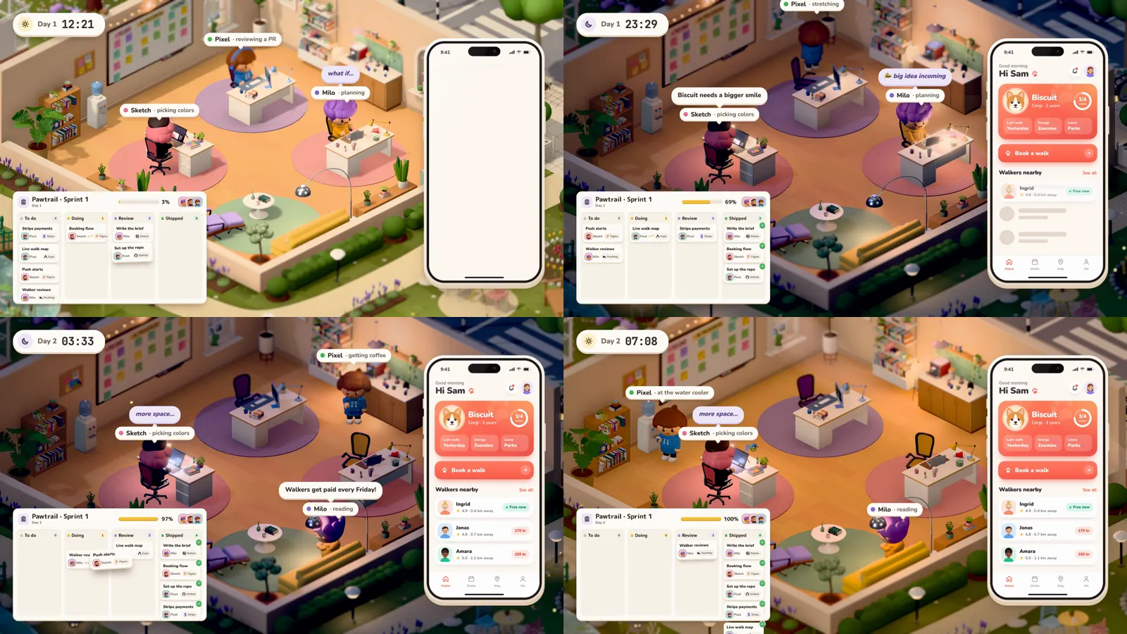 Four views of the same office from the Workville film: at 12:21 in daylight, at 23:29 and 03:33 under lamps, and at 07:08 the next morning.