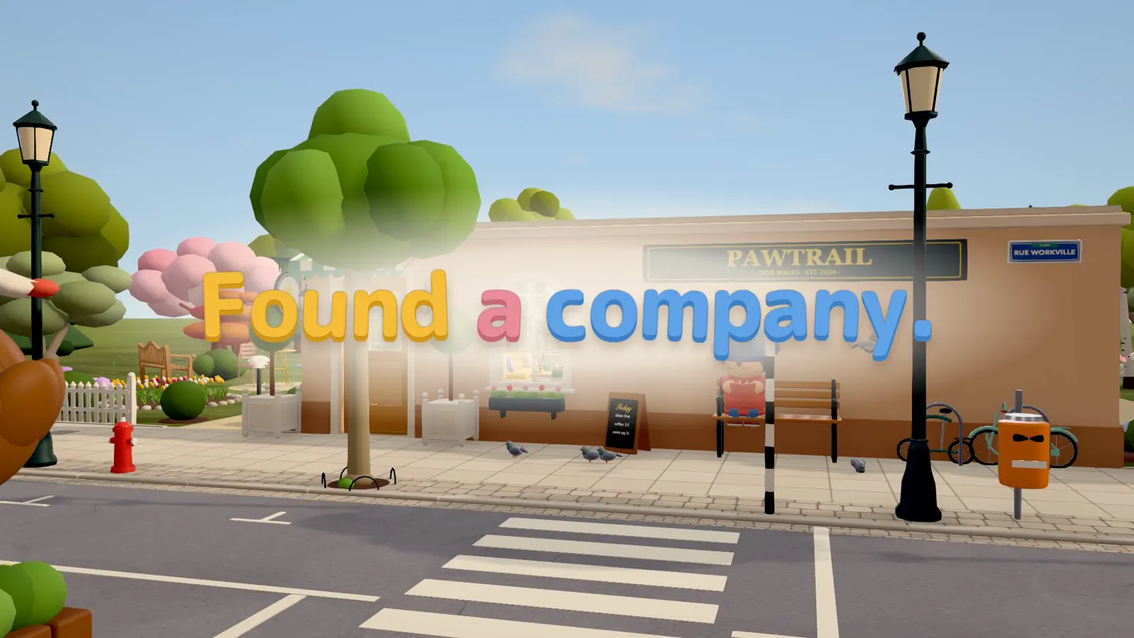 The opening shot of the Workville film: a street with a lamp post and a crossing, and the title Found a company in the game's coloured letters.