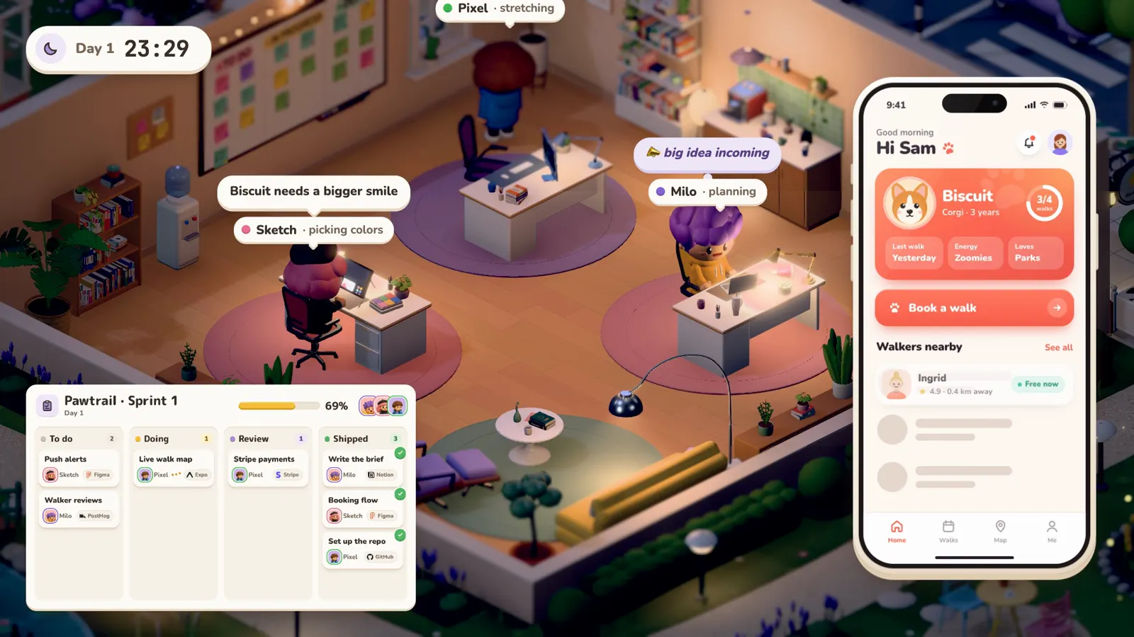 The Workville office at 23:29 on its first day. Sketch is picking colours, Milo is planning a big idea, and the Pawtrail app is taking shape on a phone.