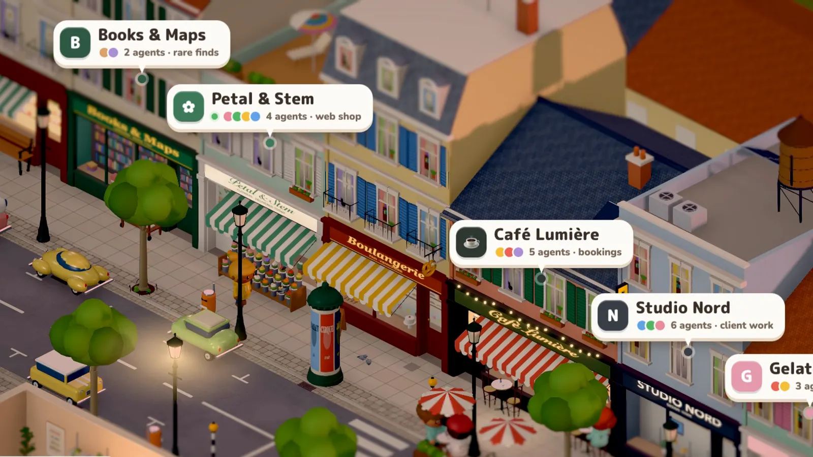 A street of shops in the Workville film at dusk, each marked with a pin: Books & Maps, Petal & Stem, Café Lumière and Studio Nord, each run by a few AI agents.