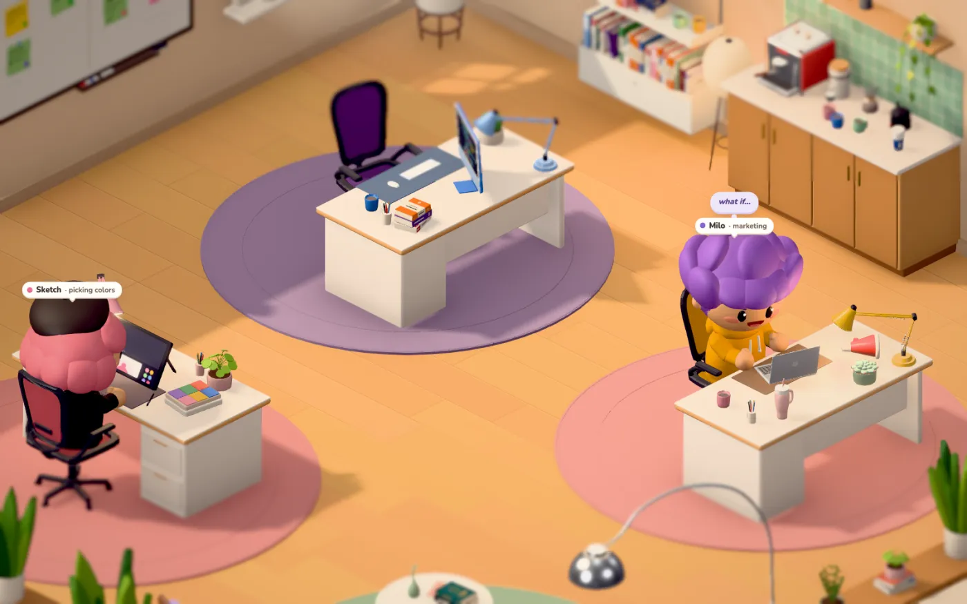 The Workville office: Pixel, Sketch and Milo at their desks on pastel rugs