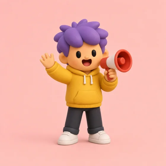 Milo, a chibi with purple hair and a yellow hoodie, waving a red megaphone