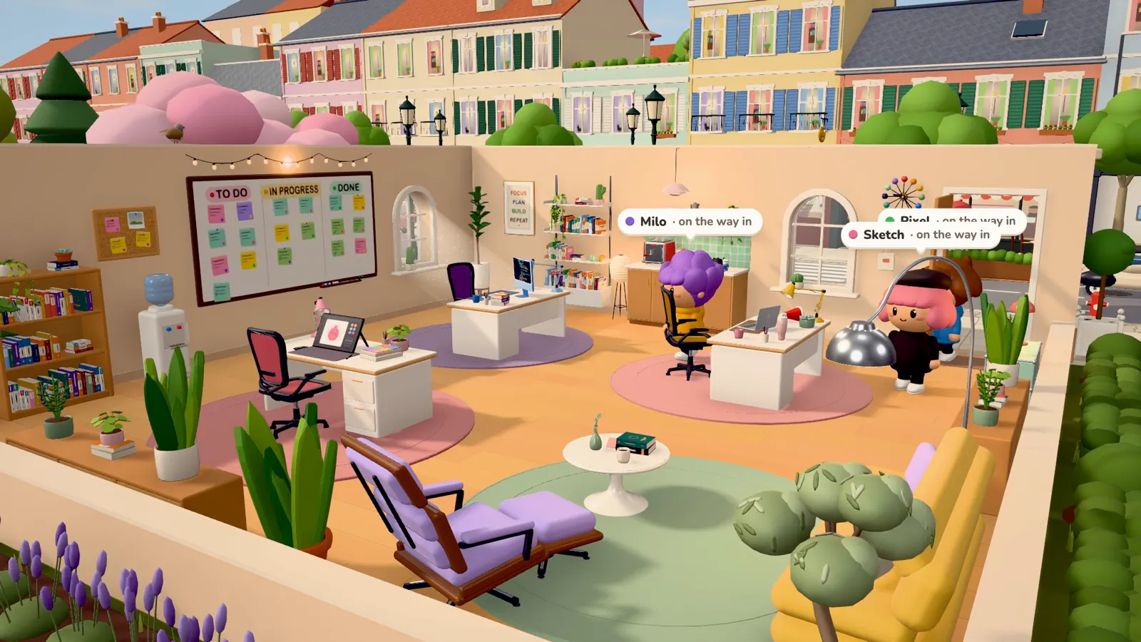 The Workville office by day: three desks on round rugs, a board full of sticky notes, bookshelves and a lounge chair.