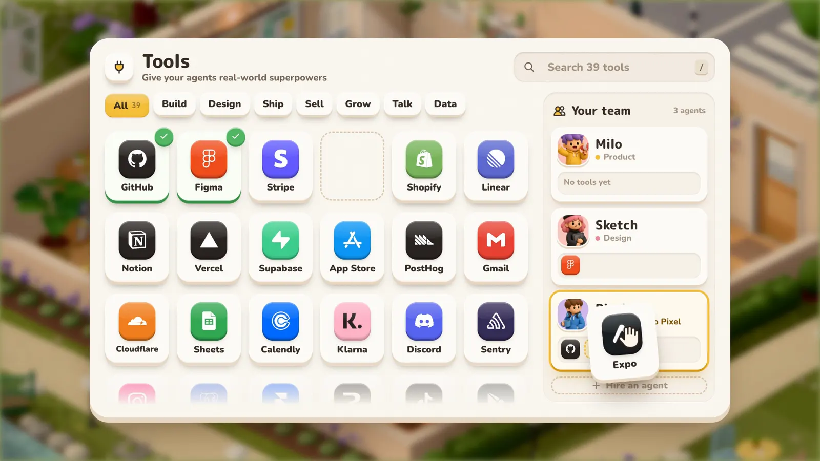 The tools directory: a grid of tools including GitHub, Figma, Stripe, Expo, Shopify, Linear, Notion, Vercel, Supabase, App Store, PostHog and Gmail, with the team listed on the right. Expo is being dragged onto Pixel.