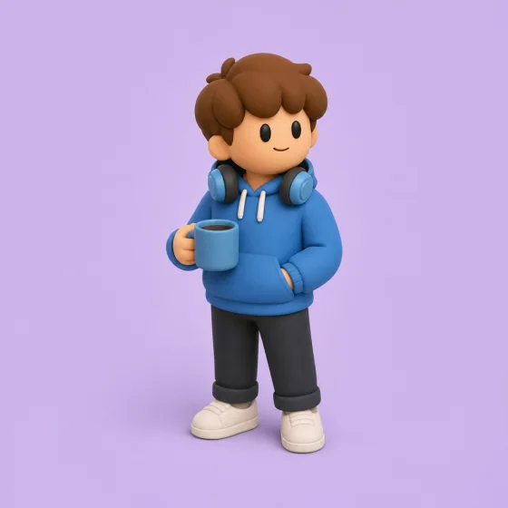 Pixel, a chibi in a blue hoodie with headphones round the neck, holding a mug