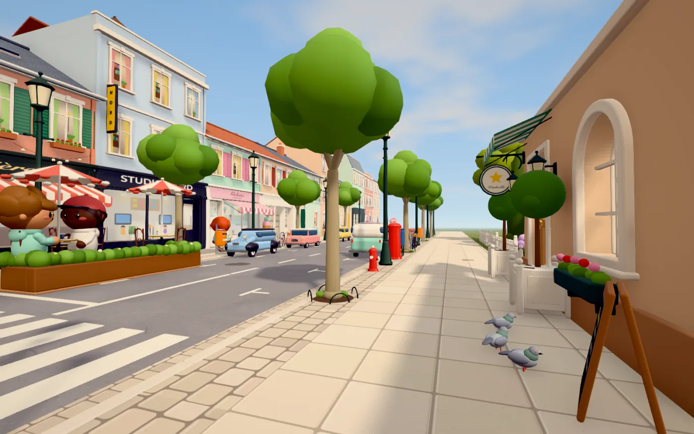 First-person view of the street outside, with a café terrace and plane trees